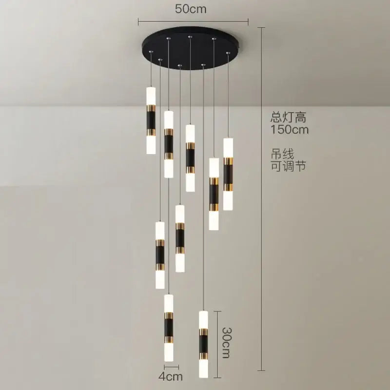 Modern black and gold crystal led chandelier staircase pendant light with adjustable hanging length by decorbites crystal led