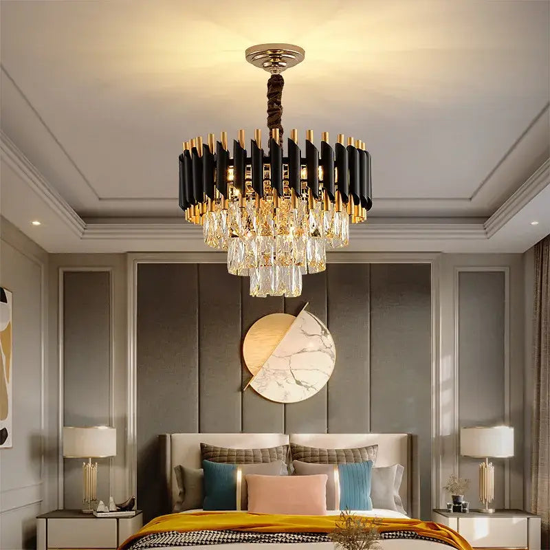 Modern black and gold crystal led pendant chandelier with crystal droplets on twisted bronze stem for dining room decorbites crystal led