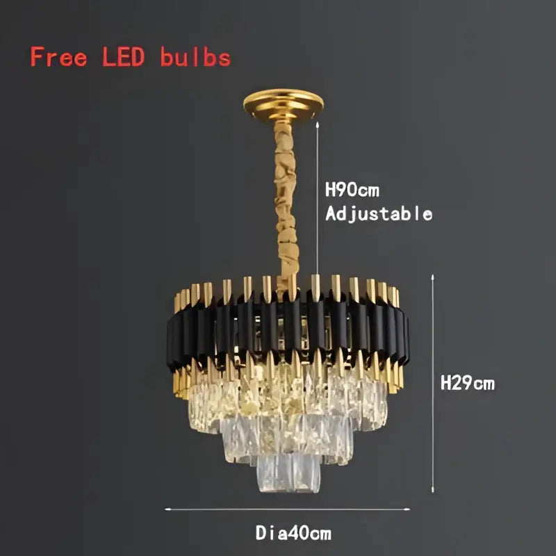 Modern black and gold crystal led pendant chandelier with gold-toned frame and black clear crystal tiers for dining room decorbites crystal led