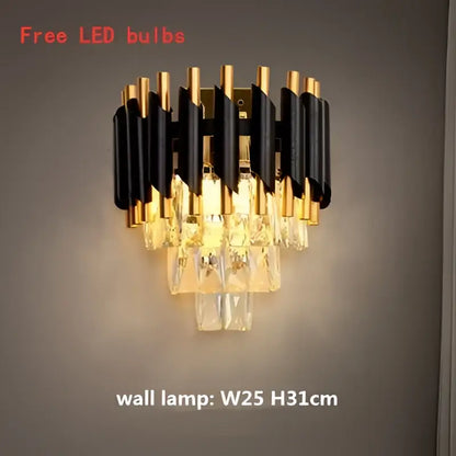 Modern black and gold crystal led pendant chandelier with alternating cylindrical bars and cascading crystal droplets
