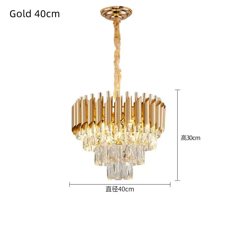 Modern black and gold crystal led pendant chandelier with gold-finished tiered metallic arms and cascading crystal droplets