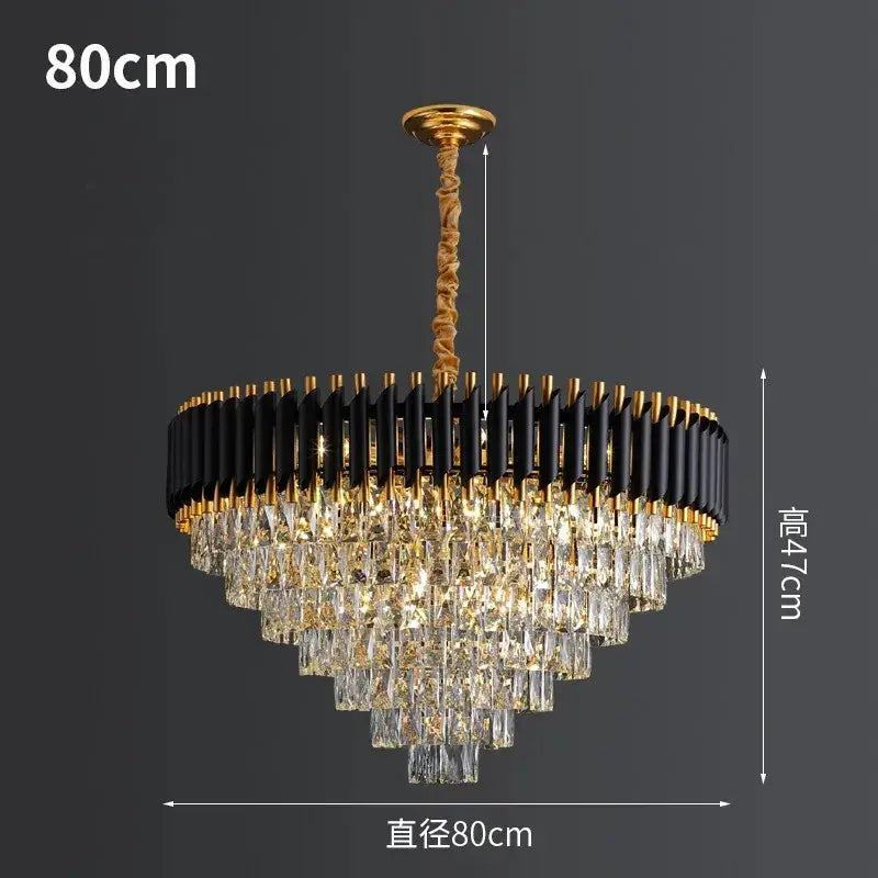 Modern black and gold crystal led pendant chandelier with 80cm diameter and clear prism tiers for living room decorbites crystal led