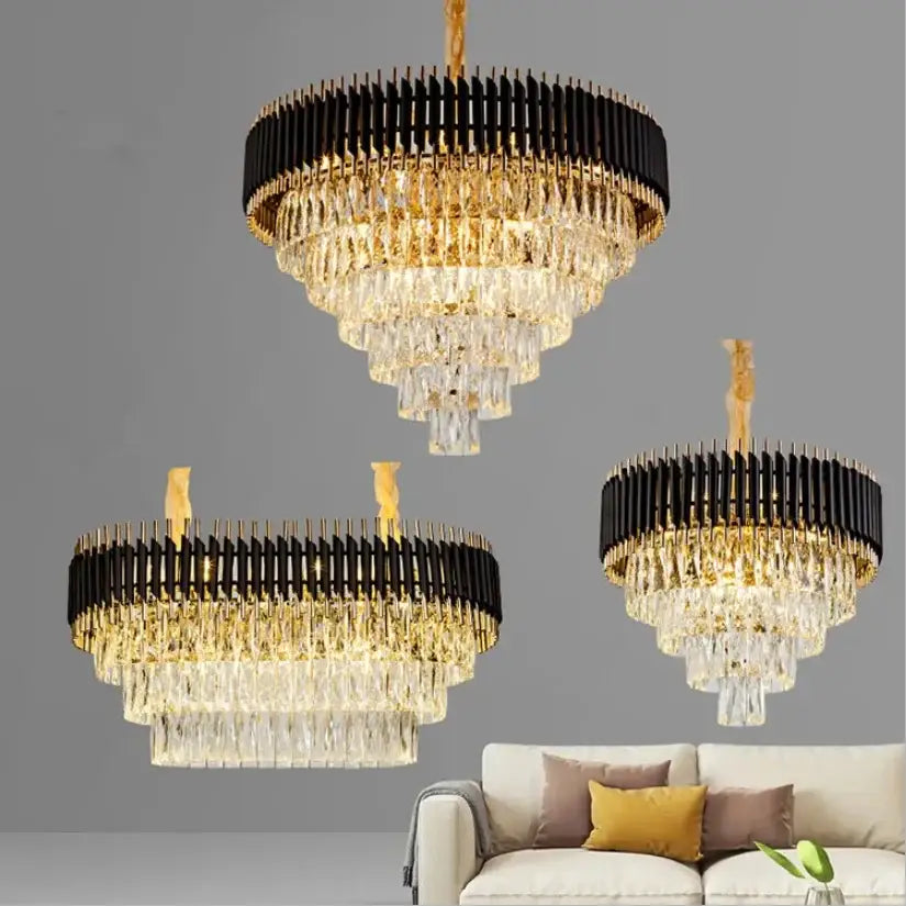 Elegant modern black and gold decorbites crystal led pendant chandelier with tiered design and cascading crystal droplets for living room decor