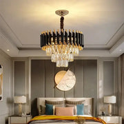 Modern black and gold crystal led pendant chandelier with twisted bronze stem and crystal droplets for living room decorbites crystal led