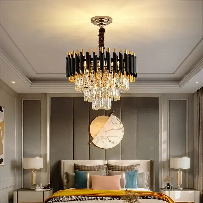 Modern black and gold crystal led pendant chandelier with twisted bronze stem and crystal droplets for living room decorbites crystal led