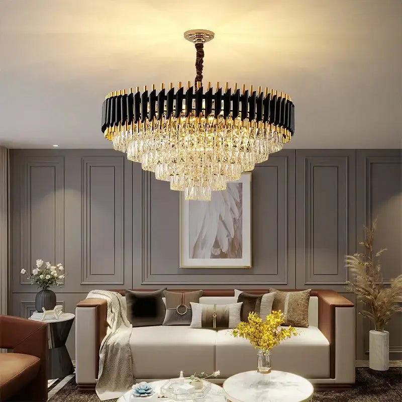 Modern black and gold pendant chandelier with cascading crystal tiers decorbites crystal led for living room decor
