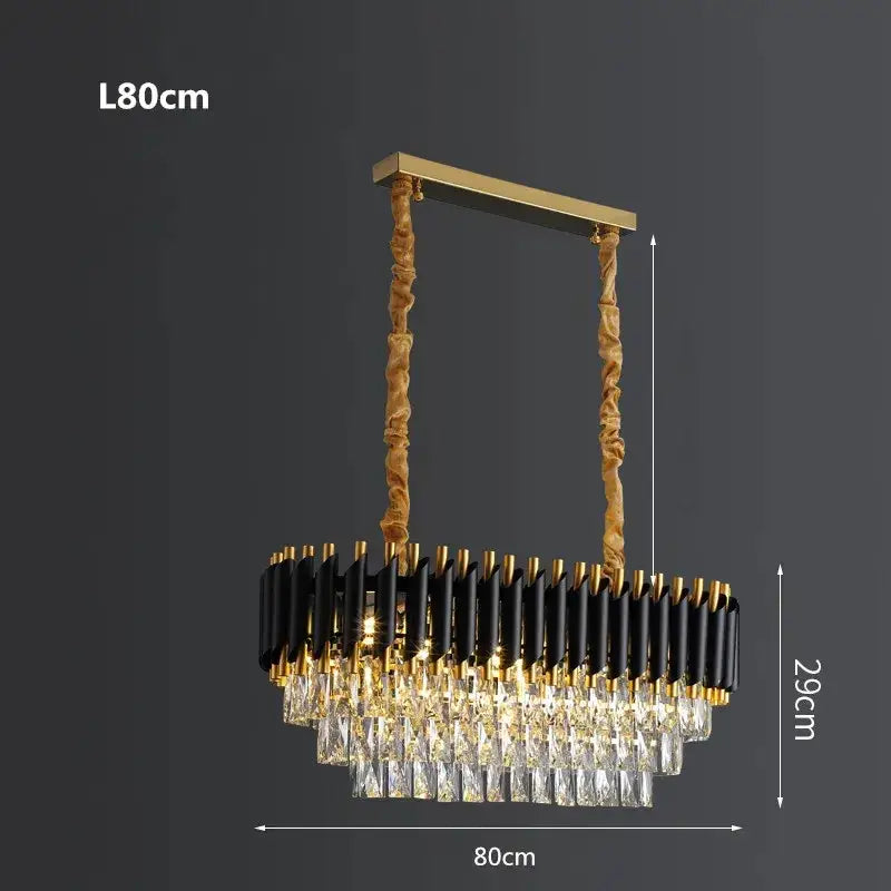 Modern black and gold pendant chandelier with crystal led droplets featuring black cylindrical accents for living room decorbites crystal led