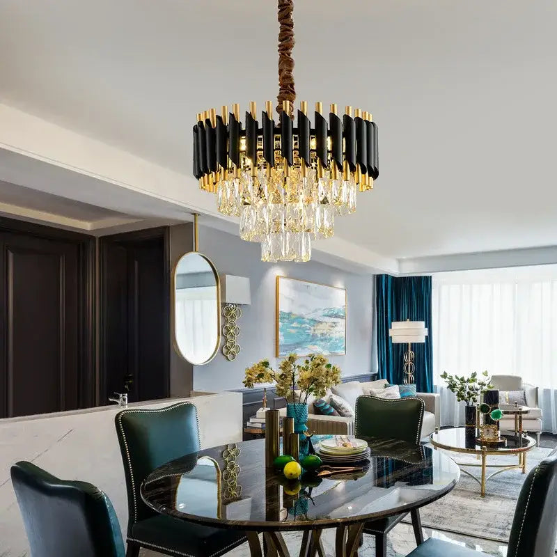 Modern black and gold crystal led pendant light with crystal droplets hanging from twisted bronze chain decorbites crystal led