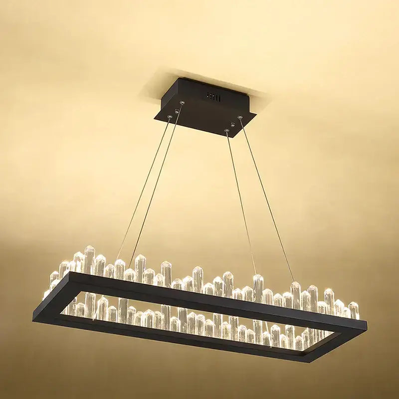 Modern black and gold crystal led pendant lights feature cylindrical clear crystals suspended by thin wires for dining room decorbites chandelier
