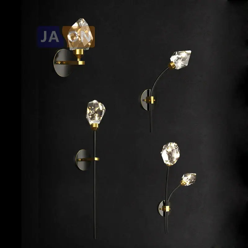 Modern black and gold crystal led wall sconce with crystal pendant and slender black arms for bedroom decorbites crystal led
