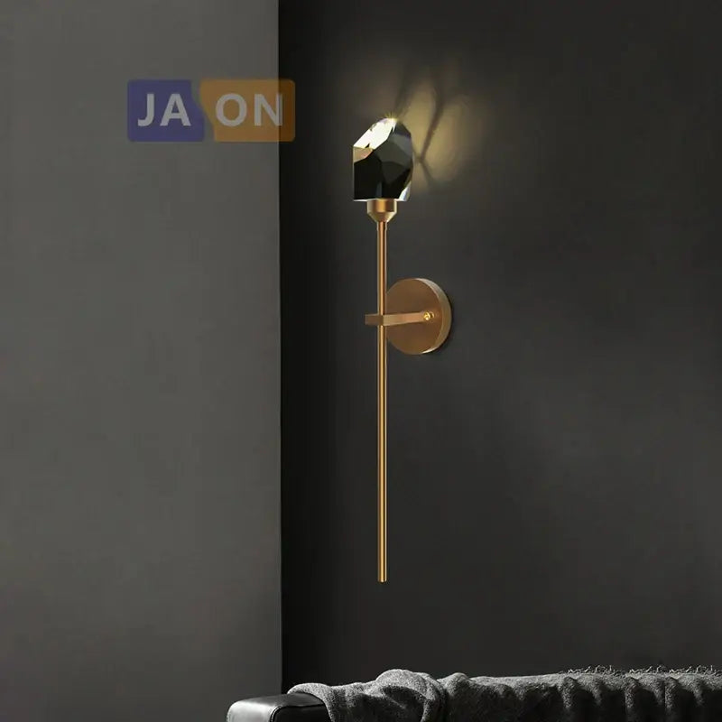 Modern black and gold decorbites crystal led wall sconce with faceted black glass shade for bedroom lighting decor