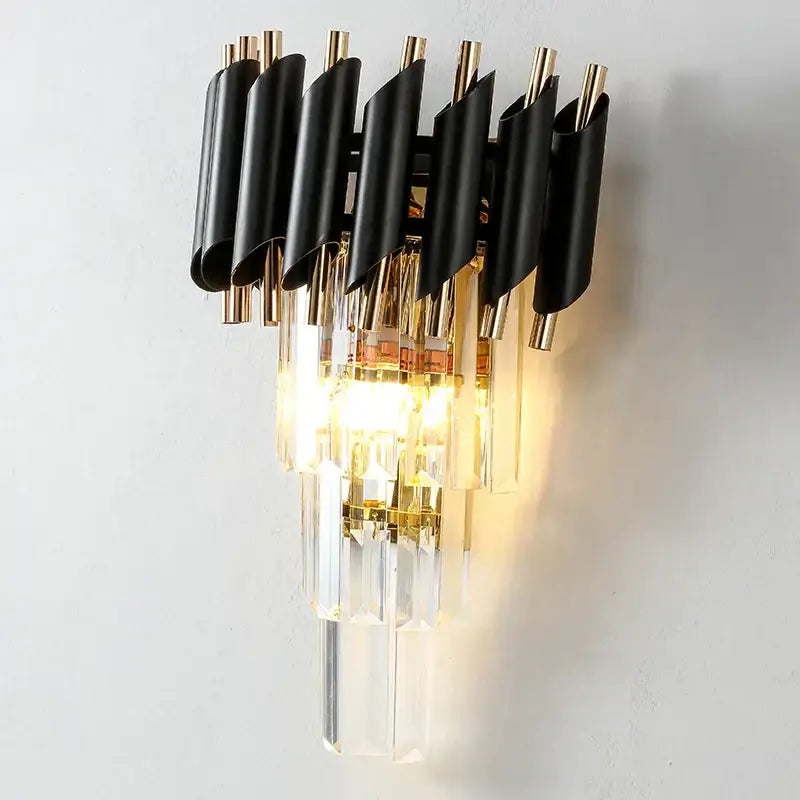Modern black and gold wall lamp with cascading crystal prisms for decorbites crystal luxury wall bedroom sconce