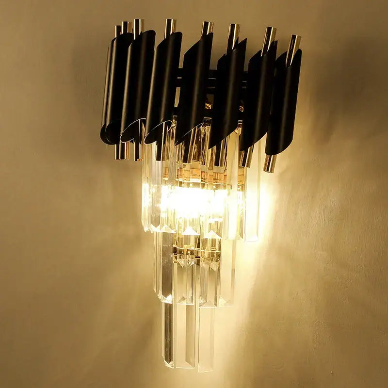 Modern black and gold wall lamp with cascading crystal prisms for decorbites crystal luxury wall sconce decor