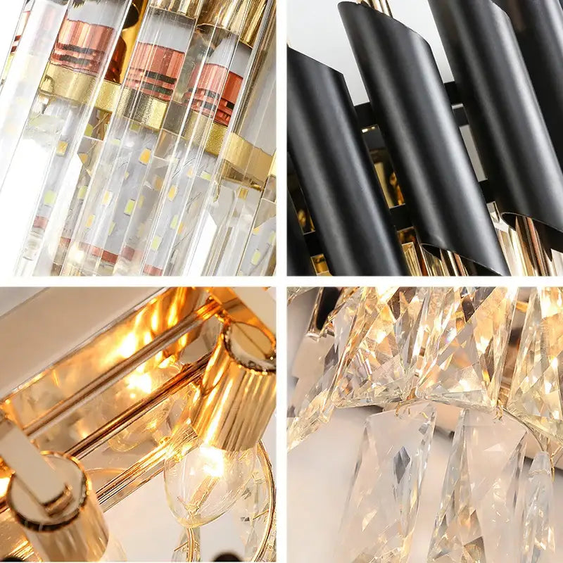 Modern black and gold wall lamp with clear crystal prisms and curved metal accents for decorbites crystal luxury wall decor