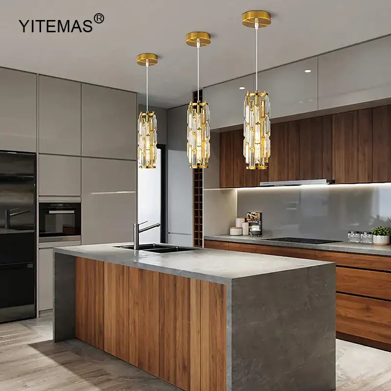 Gold-toned crystal mini pendant chandelier with modern cylindrical design for kitchen decorbites crystal mini lighting