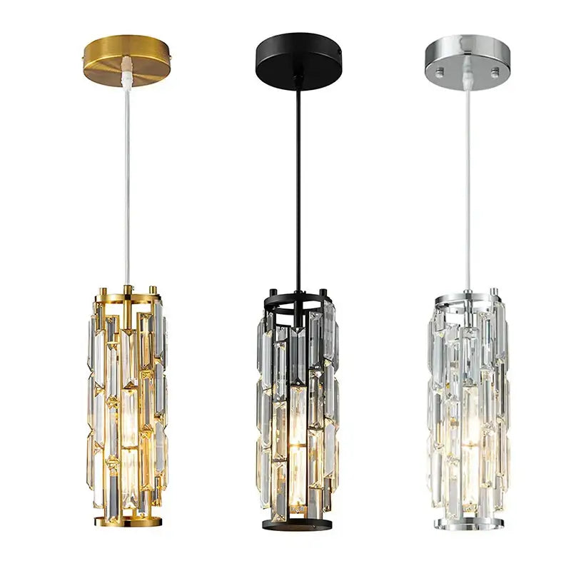 Three modern mini pendant chandeliers with cylindrical gold black and silver crystal mini pendant frames for kitchen light decorbites crystal mini
