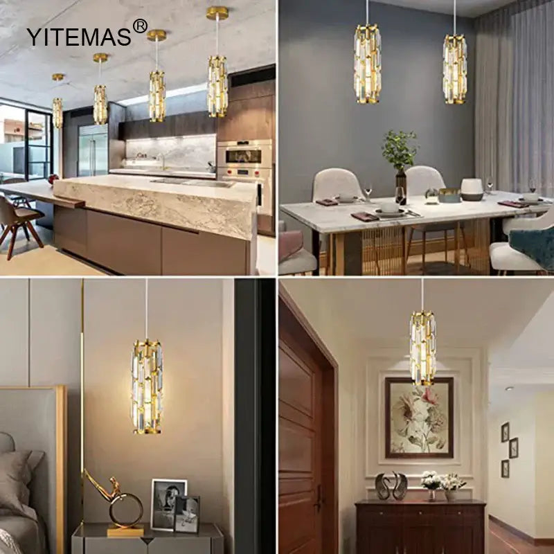 Gold-toned crystal mini pendant chandelier with modern cylindrical design for kitchen light decorbites crystal mini
