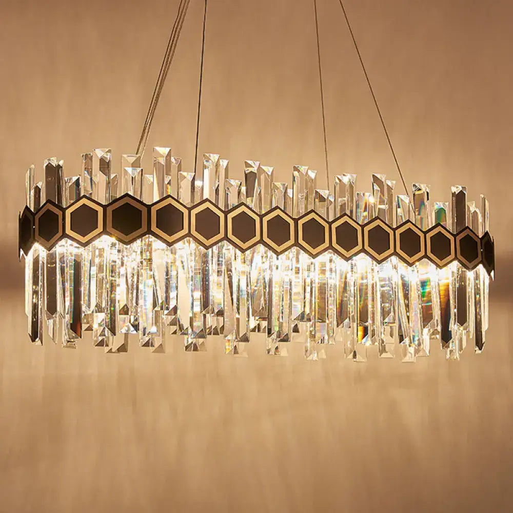 Modern black and gold crystal oval chandelier with black hexagonal accents and clear prisms for dining room ceiling light 220v-240v