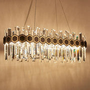 Modern black and gold crystal oval chandelier with black hexagonal accents and clear prisms for dining room ceiling light 220v-240v