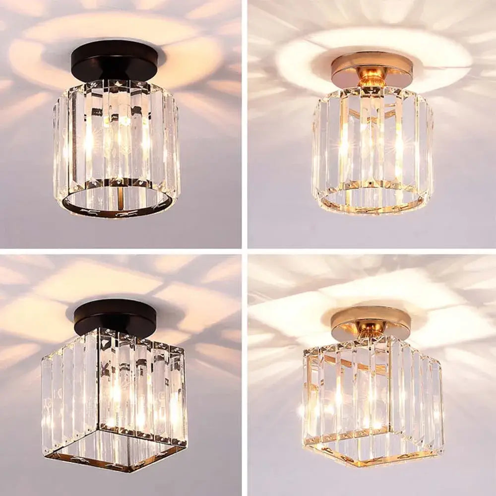 Modern black and gold crystal pendant ceiling light featuring clear glass prisms in cylindrical and square frames for decorbites ceiling light