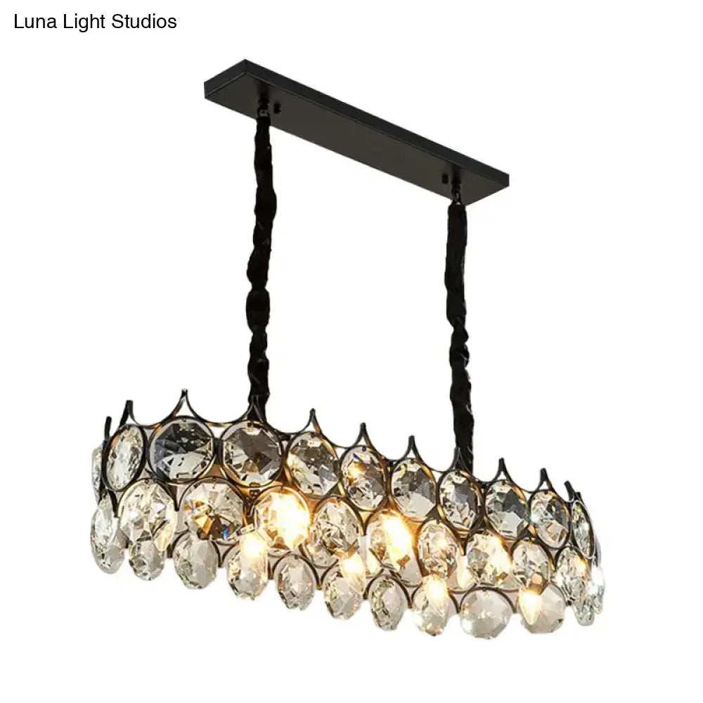 Modern black wrought iron pendant lighting fixture with twisted chains and crystal prism shade for dining room