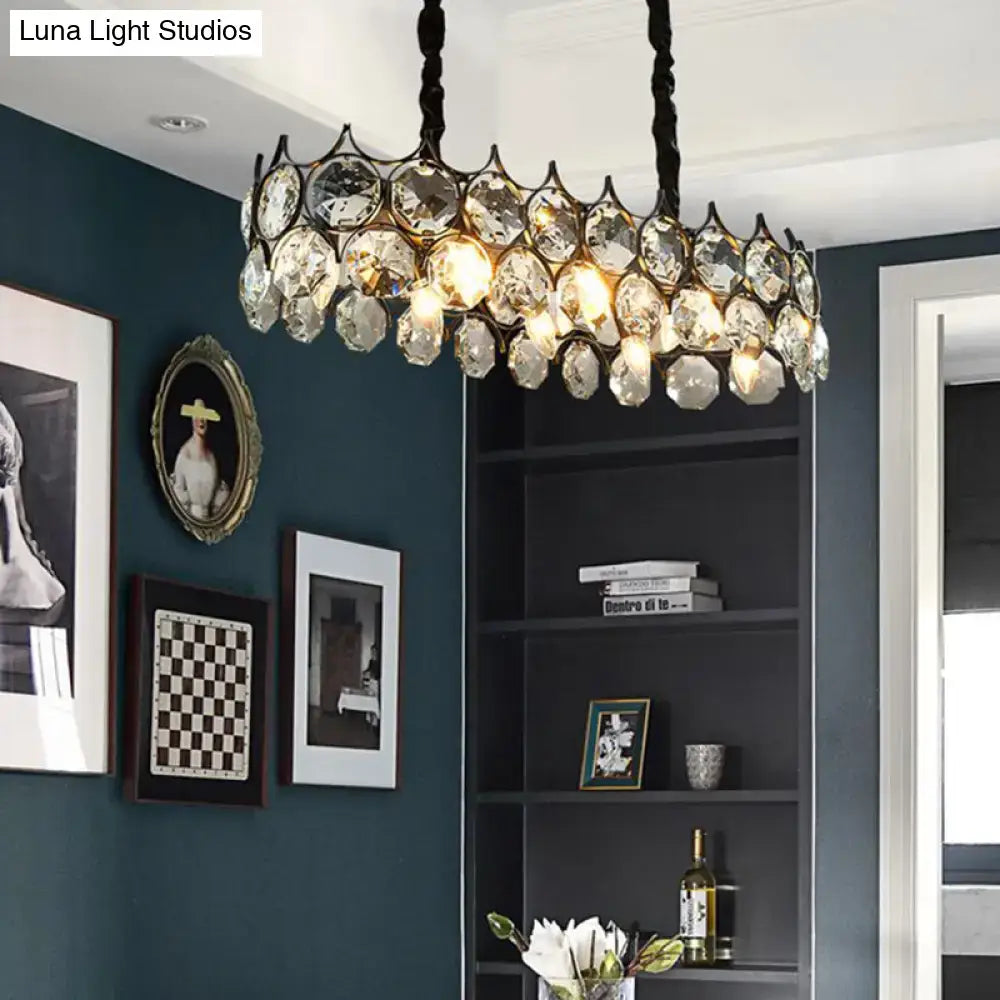 Modern black wrought iron pendant lighting fixture with crystal prism shade featuring clear faceted droplets