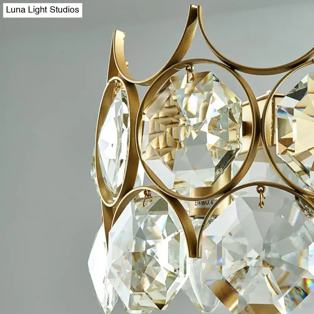 Modern black and gold pendant lighting fixture with crystal prism shade and faceted clear crystal pendants