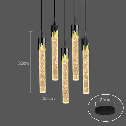 Modern black and gold crystal rod pendant light with sparkling textured glass for dining room lighting