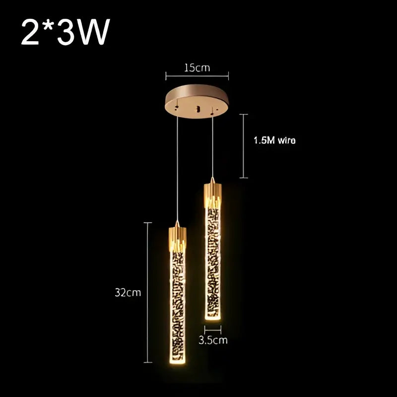 Modern black and gold crystal rod pendant light with gold-toned cylinders and sparkling interiors for dining room