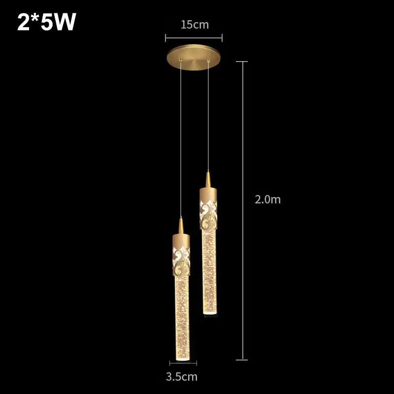 Modern black and gold crystal rod pendant light with gold-toned sparkling glass cylinders and ornate metal accents