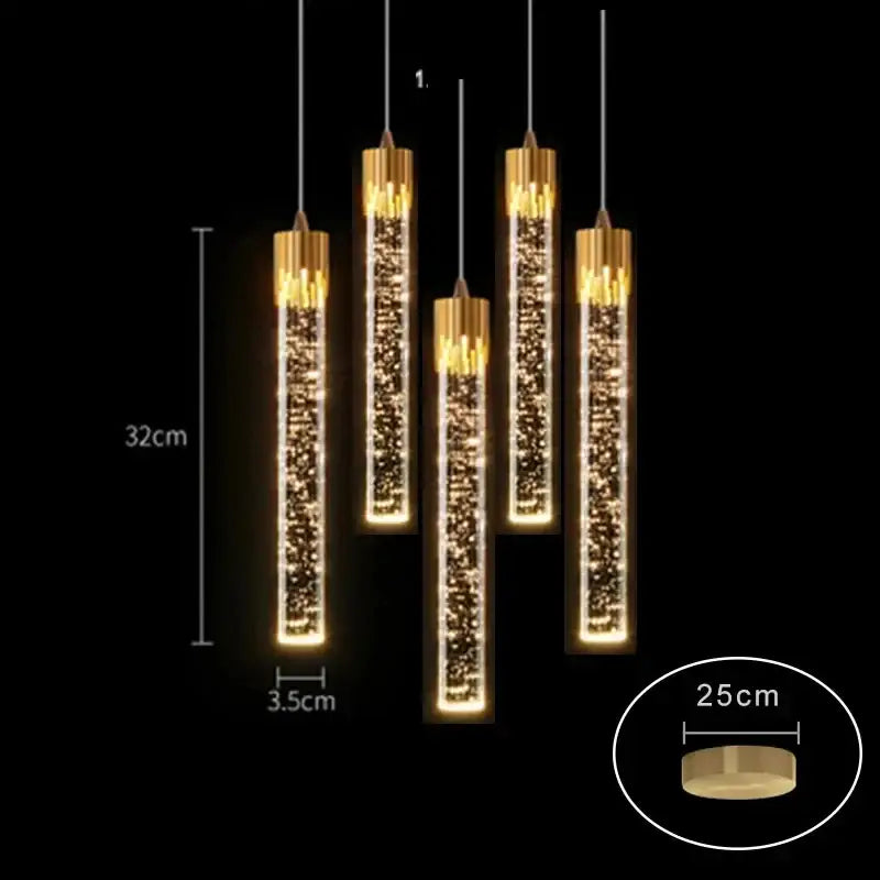 Modern black and gold crystal rod pendant light with gold-toned cylindrical design and sparkling led effects for dining room