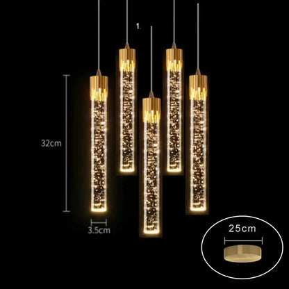 Modern black and gold crystal rod pendant light with gold-toned cylindrical design and sparkling led effects for dining room