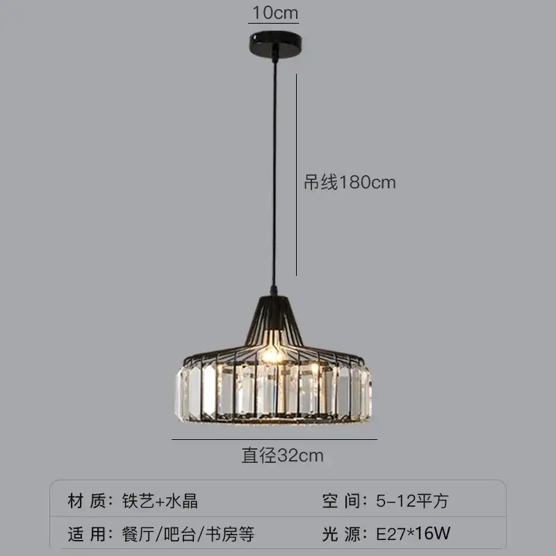 Modern black iron round pendant light with clear crystal accents and 180cm hanging chain for dining room chandelier