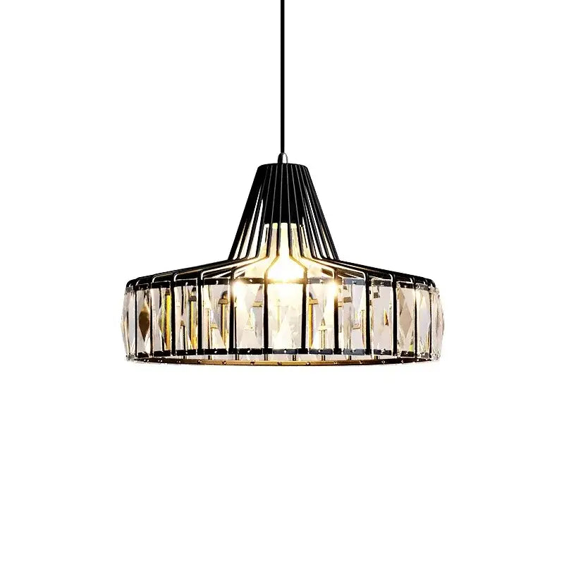 Modern black iron round pendant light with faceted crystal panels designed for dining room illumination