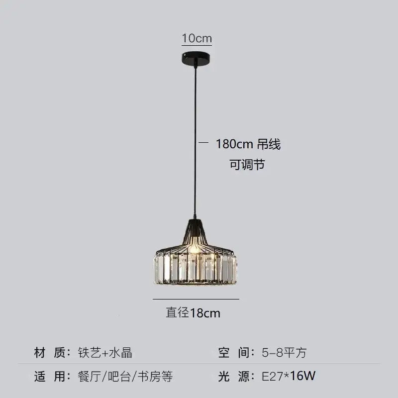 Modern black iron round pendant light with gold accents and crystal prisms, adjustable cord for dining or bar areas
