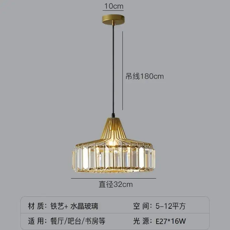 Modern black iron and gold round pendant light with geometric fluted metal frame and clear crystal panels for dining room