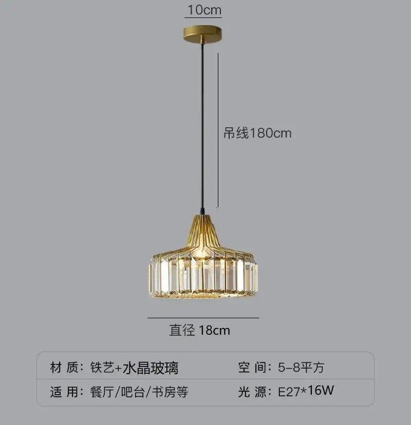 Modern black and gold crystal round pendant light with vertical glass panels and black iron suspension for dining room