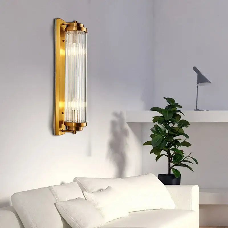 Modern black and gold crystal wall lamp with vertical glass prisms for bedroom and living room lighting