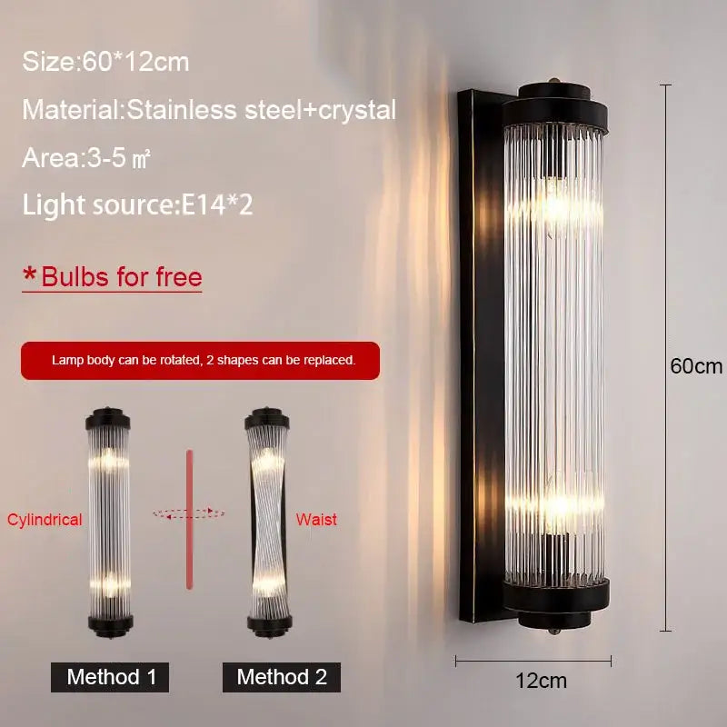 Modern black wall lamp with vertical crystal rods and stainless steel frame perfect as a crystal wall lamp for bedroom