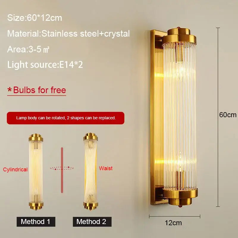 Modern black and gold crystal wall lamp featuring a gold-finished cylindrical crystal body and stainless steel frame