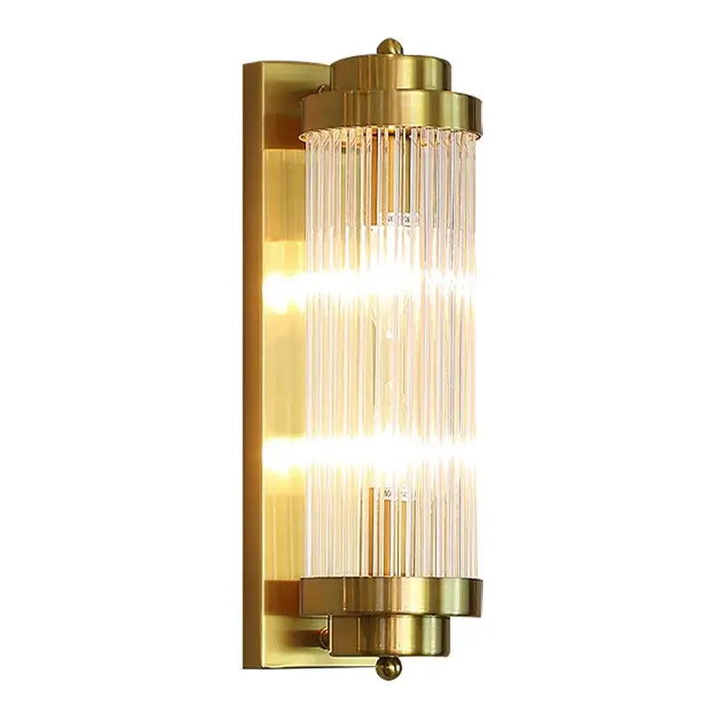Modern black and gold crystal wall lamp with brass finish and vertical crystal rods for bedroom and living room decor
