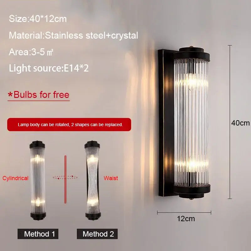 Modern black and gold crystal wall lamp with cylindrical design stainless steel accents for bedroom and living room