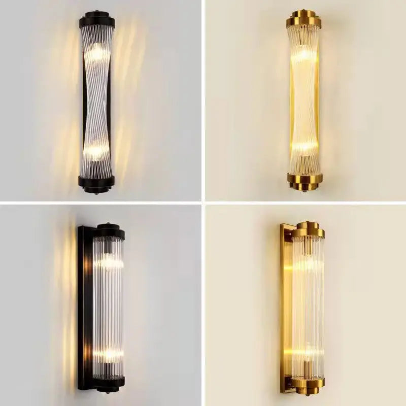 Modern black and gold crystal wall lamp with vertical glass prisms for bedroom and living room use