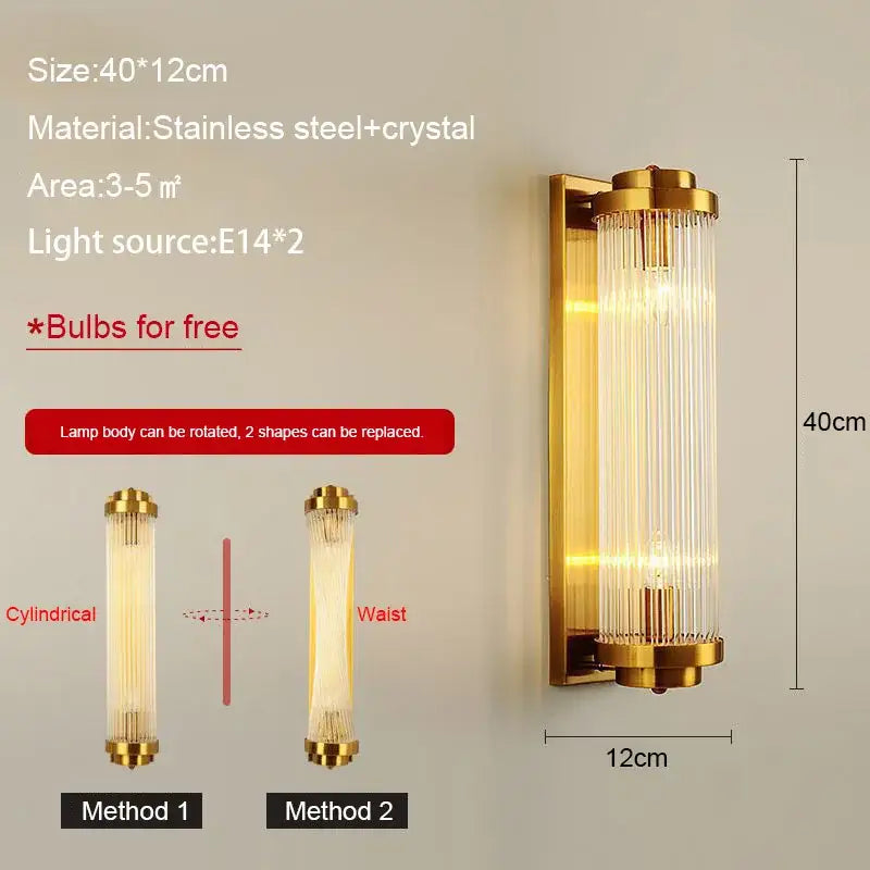 Modern black and gold crystal wall lamp with cylindrical stainless steel body and vertical glass rods for living room