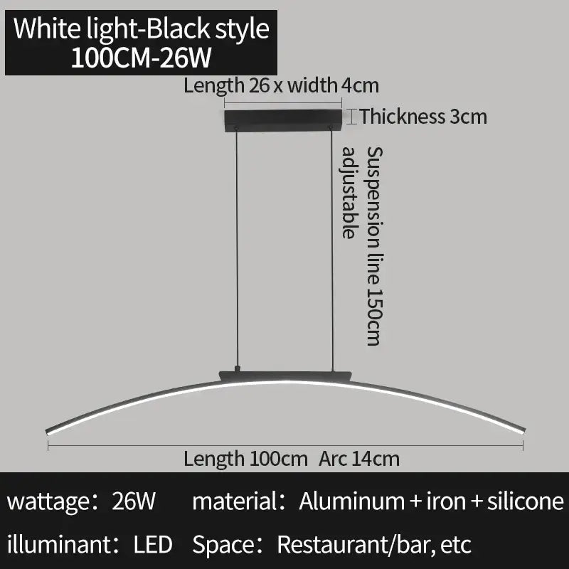 Modern black and gold curved bridge pendant light with white and black aluminum, iron, and silicone for dining table
