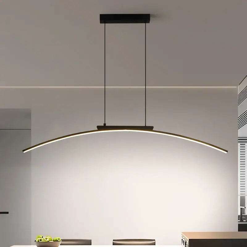 Modern black and gold curved bridge pendant light with integrated led lighting for dining table illumination