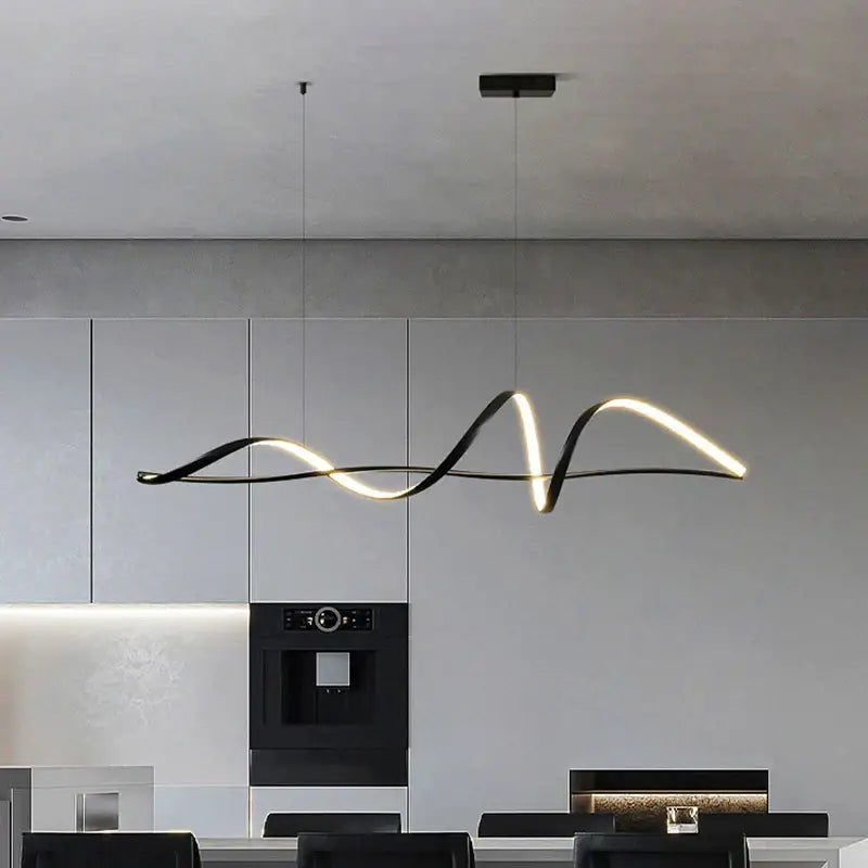 Modern black and white led pendant light with a sleek wave-like design featuring dimmable versions and adjustable color temperature