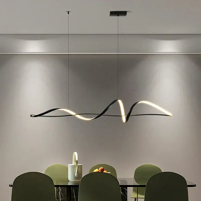 Modern black and white pendant light with a sleek wave-like design featuring dimmable versions and adjustable color temperature