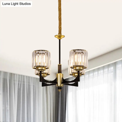 Lámpara de araña cilíndrica moderna negra y dorada con cristal transparente - Colgante de comedor de 4/6 luces
