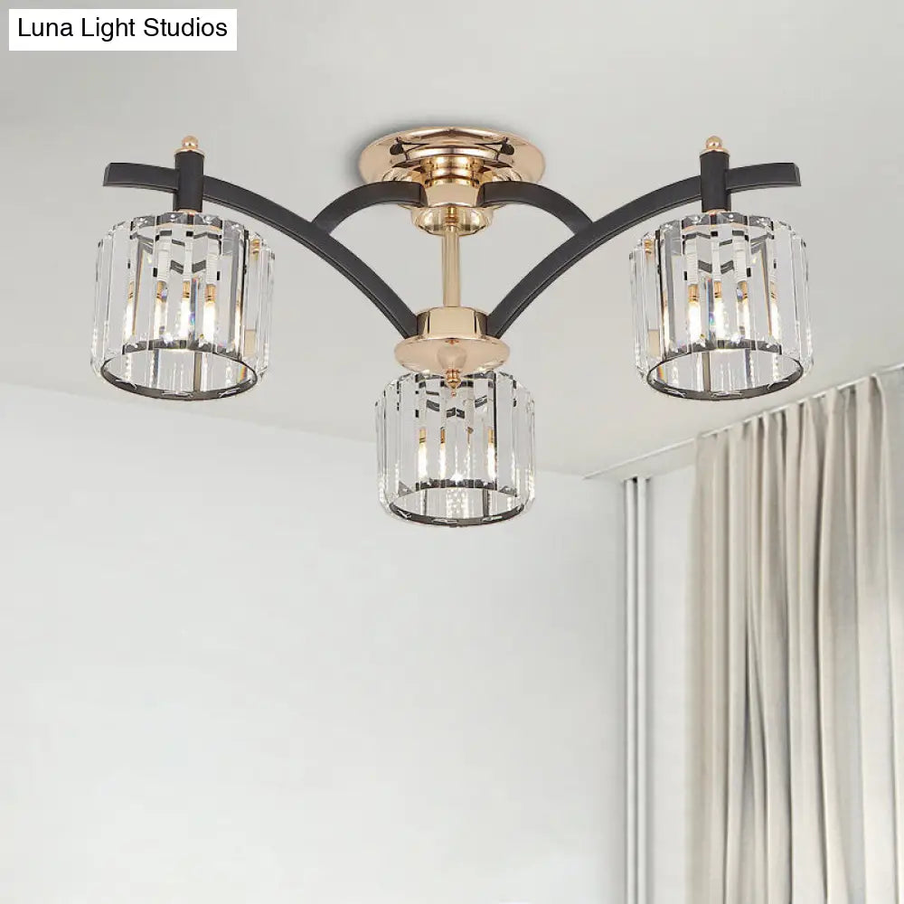 DecorBites™ DecorBites™ Lámpara de techo semiempotrada cilíndrica moderna negra y dorada con bloque de cristal - Lámpara de techo para dormitorio (3/6 cabezales)